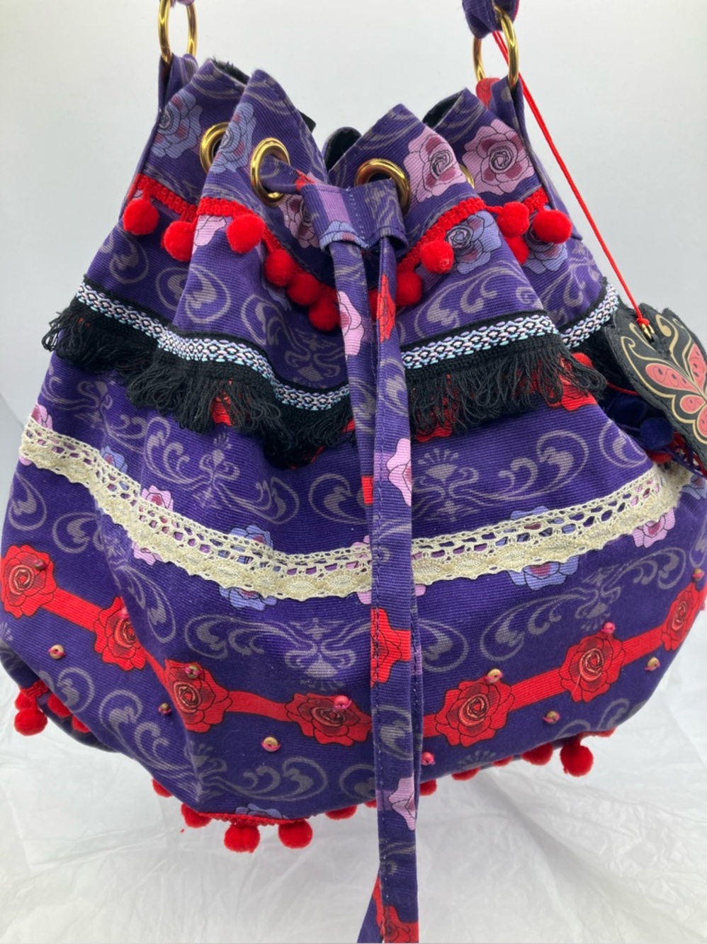 Anna Sui Boho Purple Floral Drawstring Bucket Bag
